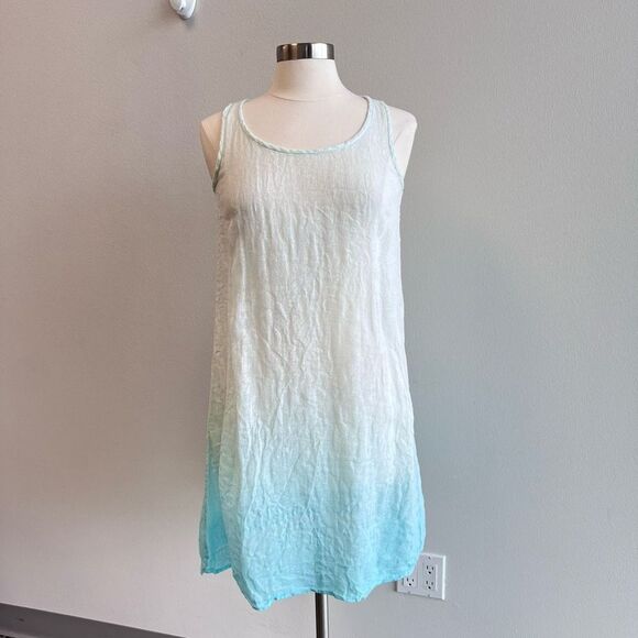 Eileen Fisher Woman Petite Small PS Mini Tank Dress 100% Linen Blue Ombre Sheer - Picture 2 of 11